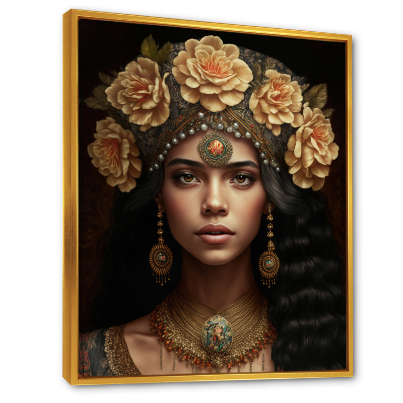 «Young Bohemian Woman with Flower Headband I», reproduction sur toile, H 20 po x l 12 po x P 1 po, Cadre flottant doré