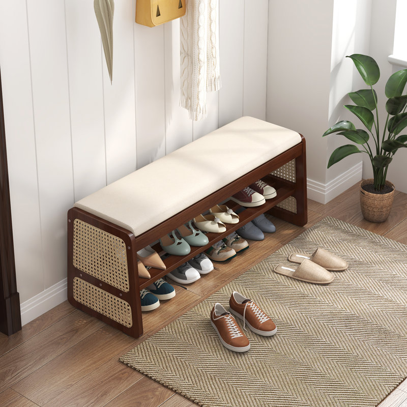 Shoe Storage Bench With Cushion - 2 Tier Shoe Rack For Front Door Entrance, Rattan Shoe Rack, Entryway Bench With Storage For Closet,hallway,bedroom&living Room(walnut, 39.4" W)