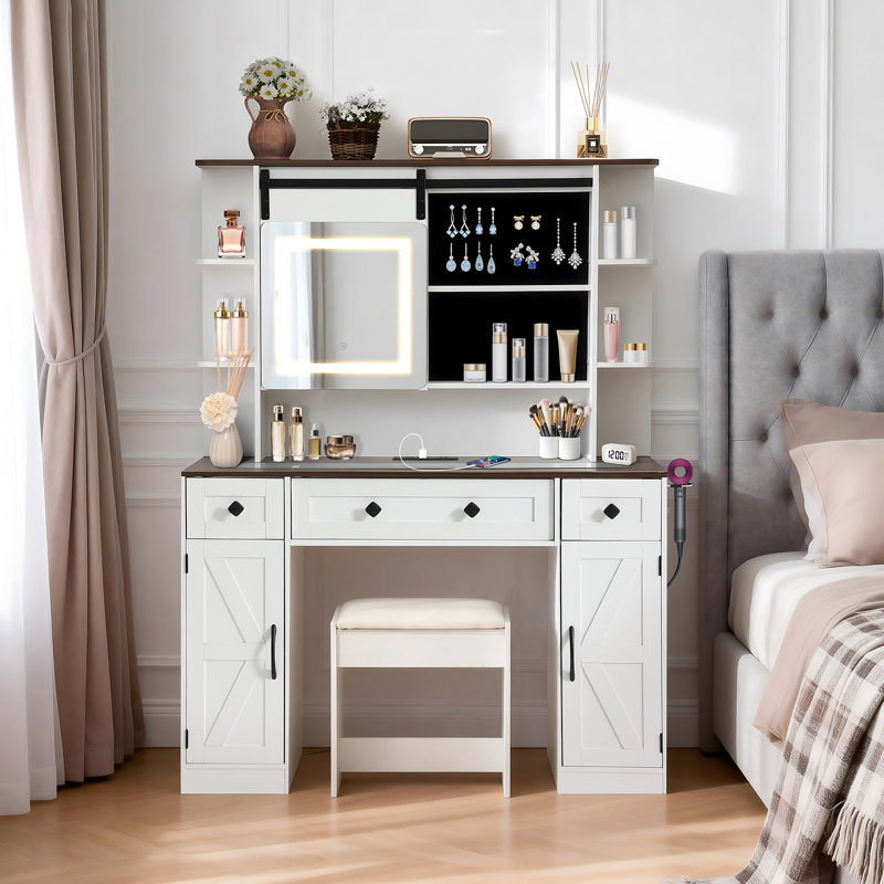 Barn Door Vanity Table with Mirror and Lights,16" Smart Mirror with 3 Color Modes, Sliding Concealed Storage, Glass and Wood Top, Power Outlet and USB, X‑Pattern Cabinets, Padded Stool