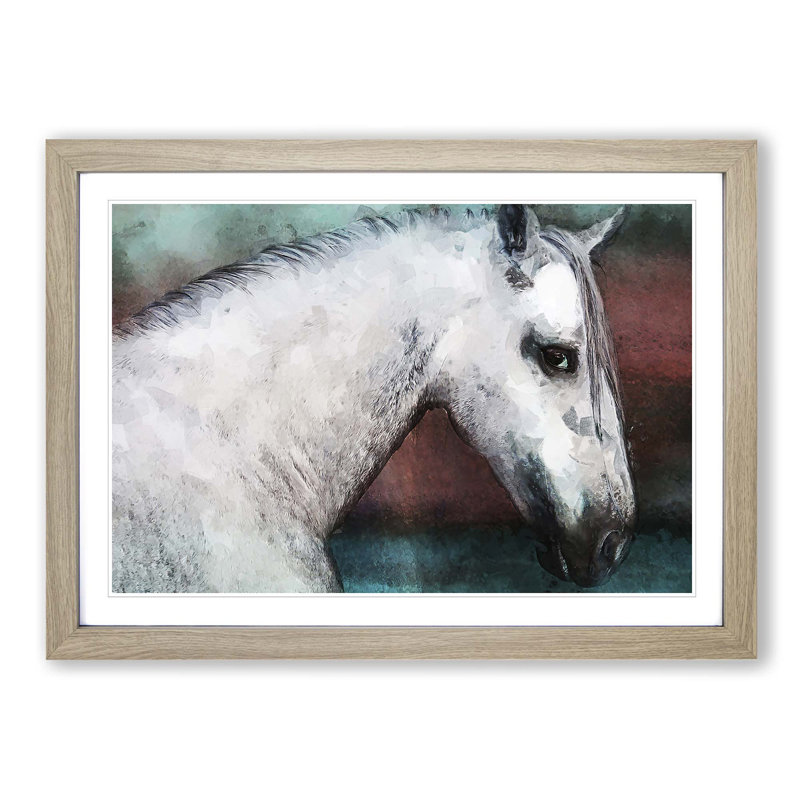 White Horse Portrait in Abstract - Picture Frame Painting Print, 60cm H x 91cm W x 2cm D, Oak