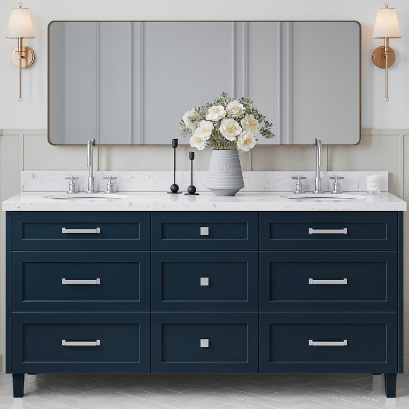 ARIEL Monroe 72 Double Sink Bathroom Vanity with Carrara Quartz Top, Midnight Blue