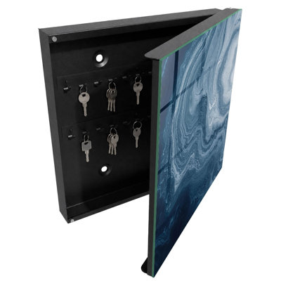 Wall mounted key box, Opens to the right, 30x30x5, White, Fluid abstract patterns in shades of navy blue, 