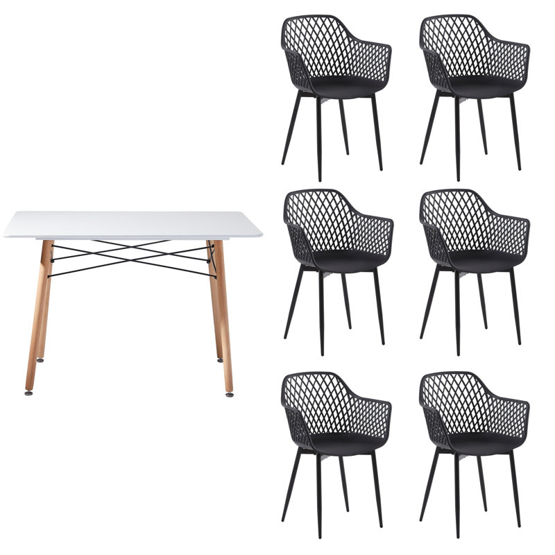 Ensemble de table de salle à manger 7 pièces, pour 6 personnes (blanc et noir)