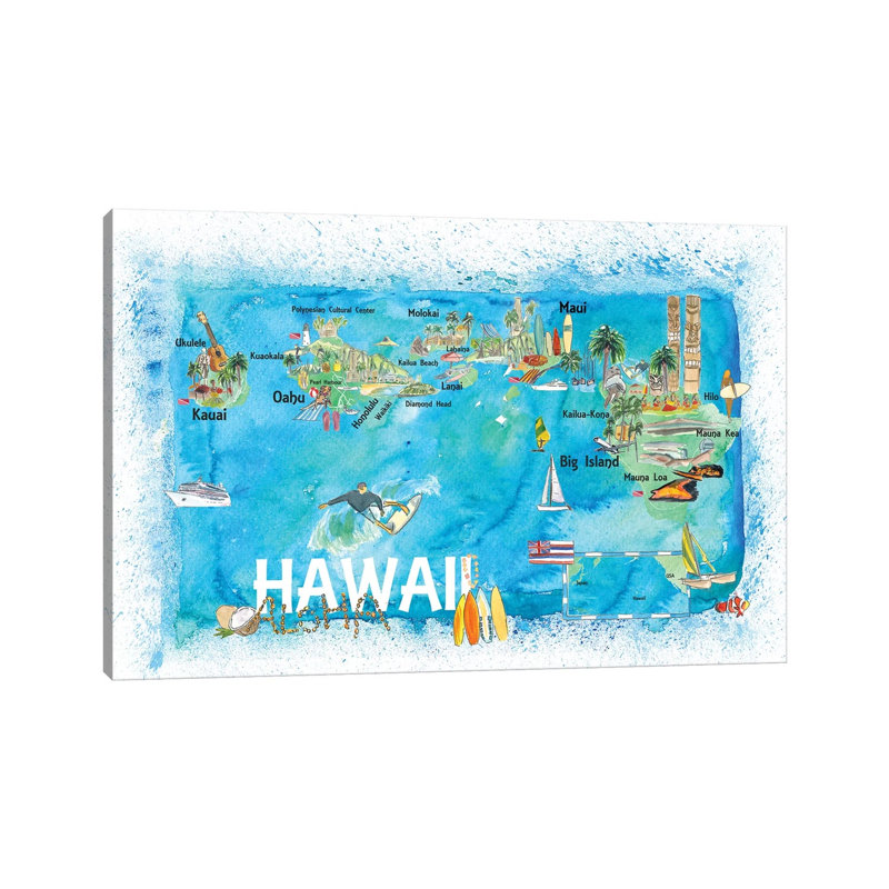 Hawaii USA Illustrated Map With Main Roads Landmarks And Highlights by Markus & Martina Bleichner - Wrapped Canvas Gallery-Wrapped Canvas Giclée