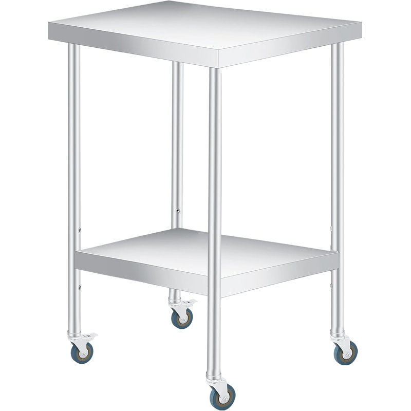 Table de préparation en acier inoxydable, 24 po x 24 po, avec tablette inférieure réglable et 4 roulettes, table commerciale robuste avec tablette inférieure réglable pour une utilisation extérieure, restaurants, hôtels, travaux