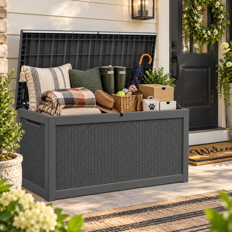 Coffre de rangement extérieur de 350 gallons (1 325 litres), très grand coffre de terrasse en résine résistant aux intempéries avec couvercle verrouillable, capacité de charge maximale de 454 kg (1 000 lb) pour coussins de patio, outils de jardin, accessoires de piscine et équipement de plein air