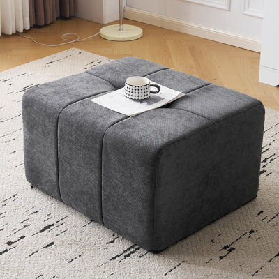 Square Stuffed Pouf Ottoman,Chenille Poufs With Foam Chunk Filling，Grey