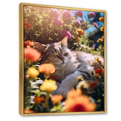 «Fluffy Cat Sleeping Sunny Flower Garden I», reproduction sur toile