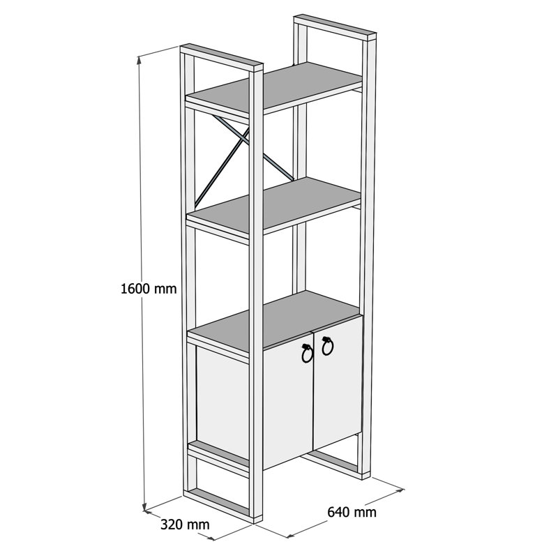 Bibliothèque de style industriel, pin atlantique et noir, 25,2 po x 63,0 po x 12,6 po | 100% panneau de particules enduit de mélamine, épaisseur de 0,7 pouce | Structure en métal durable, fixation murale, plusieurs tablettes pour un rangement supplémentaire