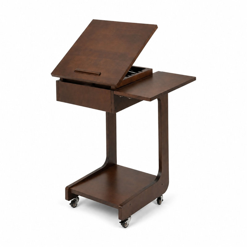 27.4" Solid Wood C-Shaped Rolling End Table with 360° Rotating Desktop, Foldable Shelf, Removable Laptop Stand & Lockable Wheels