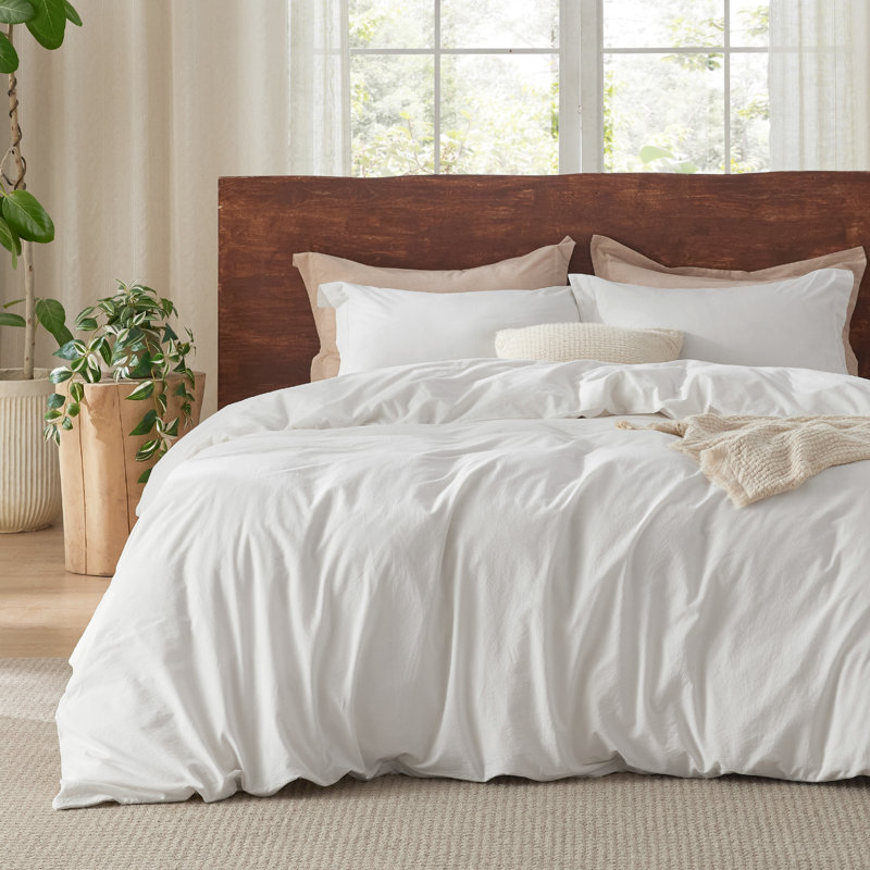 Bedsure 100% Washed Cotton Duvet Cover Set, Queen Duvet Cover + 2 Shams(20"*26"), Oatmeal