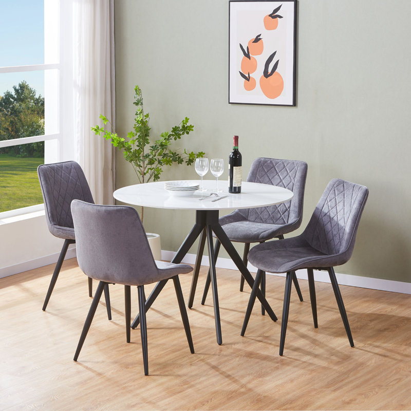 Aspen Sintered Stone Round Table with 4 Diamond Stitch Upholstered Fabric Chairs - Modern Dining Set, Grey