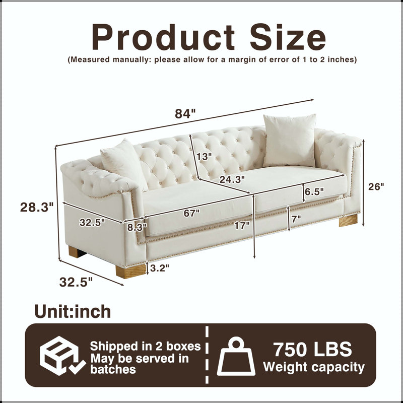 Canapé Chesterfield classique 84 po en velours 3 places avec têtes de clous dorées, Beige Velvet