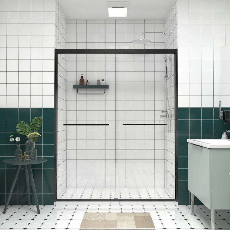 Aluminum Frame Double Sliding Shower Door,Bathroom Sliding Door With Premium 1/4" (6Mm) Clear Tempered Glass, Hardware Sliding Glass Shower Enclosure