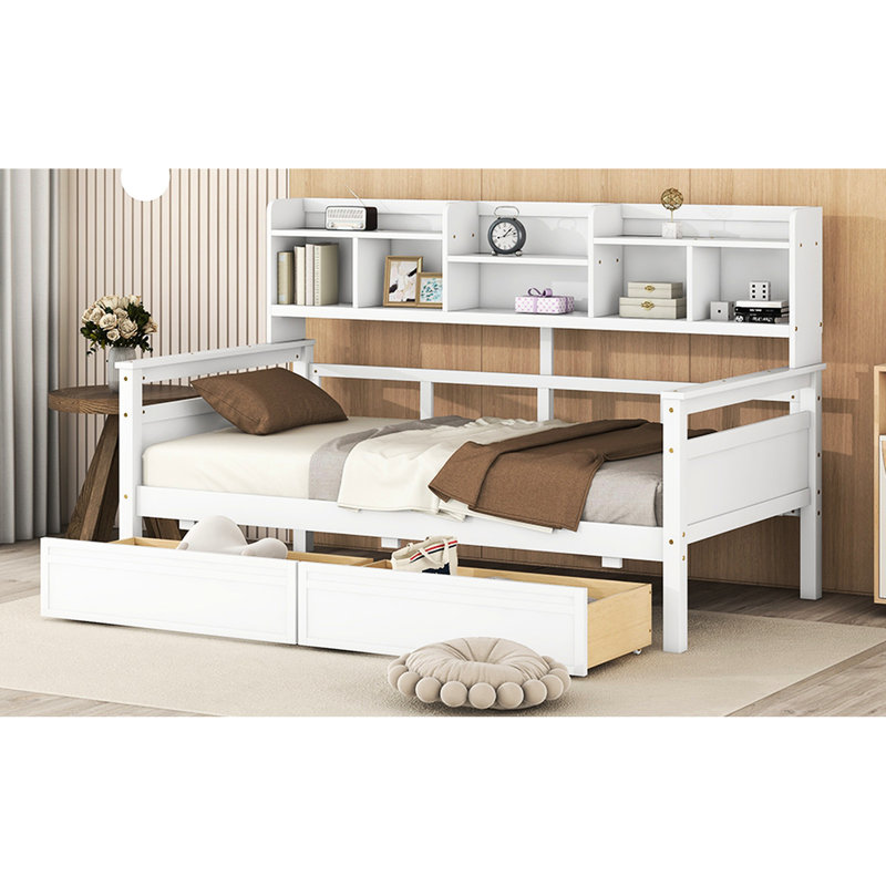 Twin Size Daybed In White With Wood Slat Support, Bedside Shelving, And Two Drawers - For Bedroom Or Living Room Use Shelves, A Comfortable Inviting
