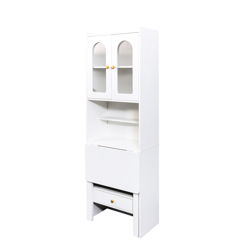 White Fold-out Desk With Storage Shelf And Drawer - Ideal For Home Office Decoration Convertible Cabinet Functional Use