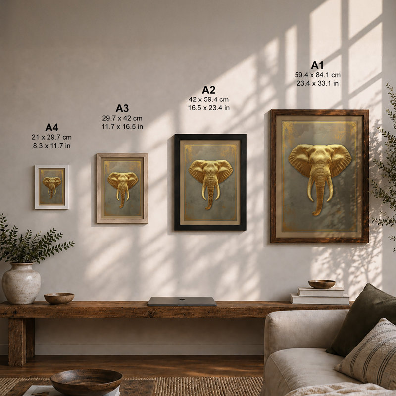 Golden Elephant Art Deco - Framed Print, Unframed, A4 - 29.7 x 21.0 cm