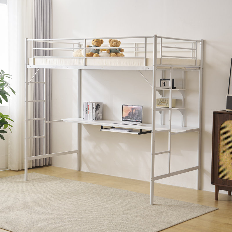 Twin Size Metal Loft Bed With Desk And Storage Shelves, 2 Built-In Ladders, White