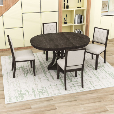 5-Piece Extendable Vintage Dining Table Set with Removable Leaf and 4 Upholstered Chairs