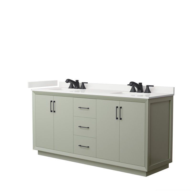 Meuble-lavabo double avec plateau Strada 72, Quartz blanc, Vert clair, Noir mat