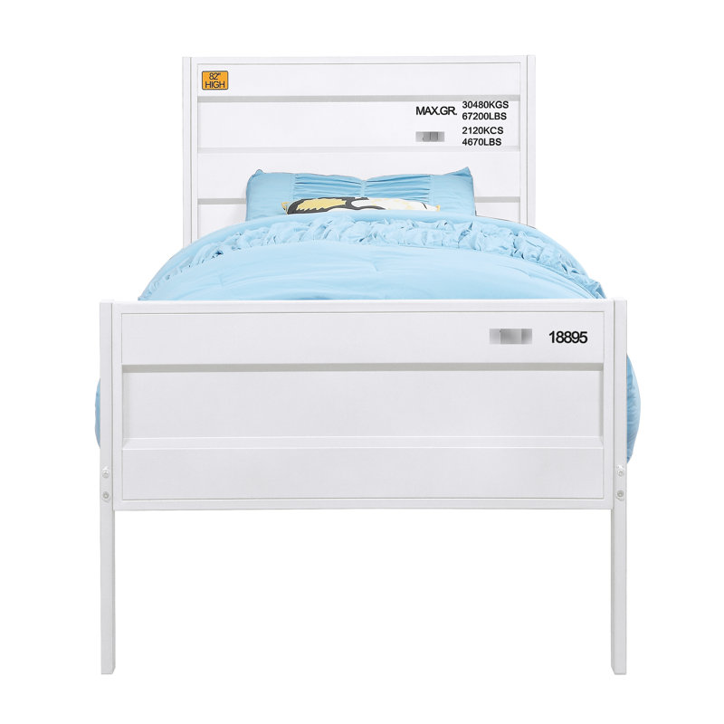 Cadre de lit blanc sur le thème du contenant, format double, sommier tapissier non requis pour une configuration de chambre à coucher peu encombrante