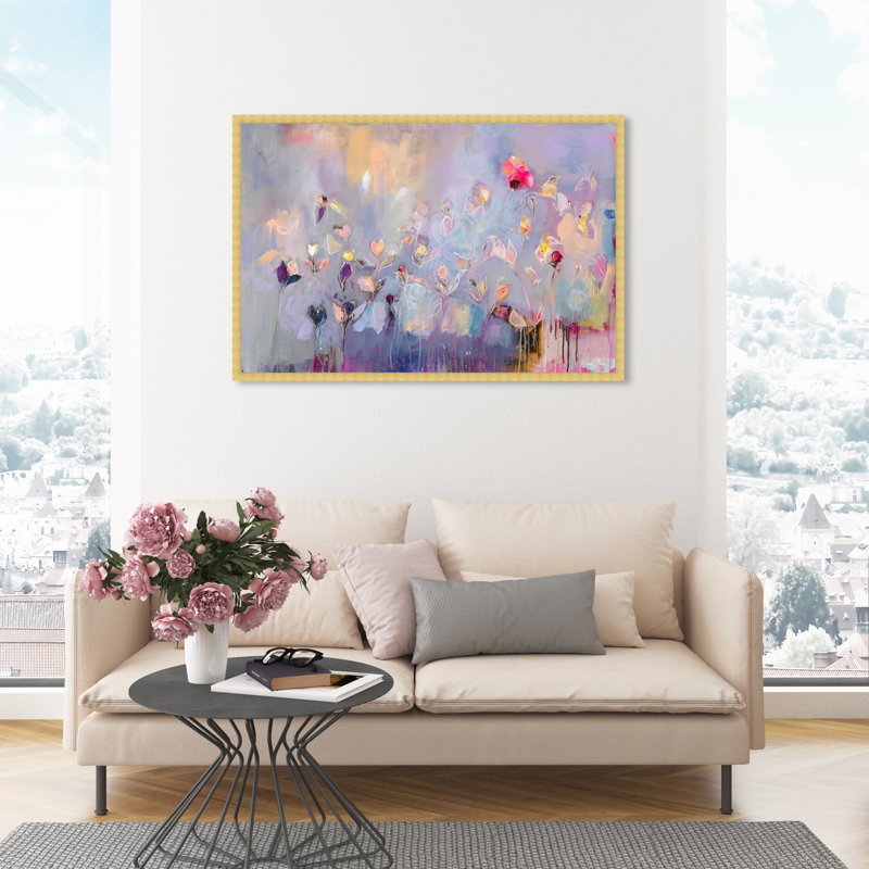 Fleurs mauves abstraites par Oliver Gal - reproduction, Or, L 47 po x H 32 po