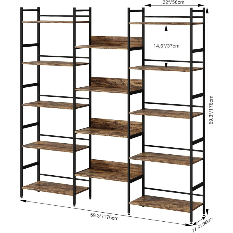 Bookshelf 5 Tiers With 4 Hooks, Triple 5 Tier Bookshelf,Bookcase Large Industrial Bookcase, Brun