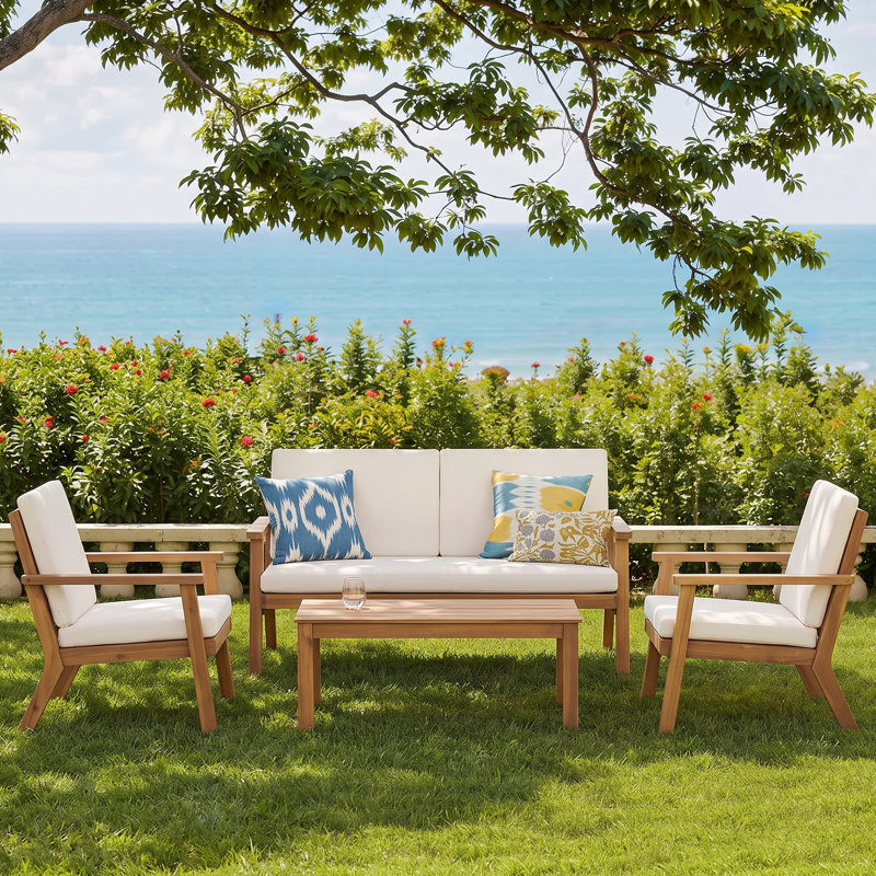 Channing Acacia 4 - Person Patio Conversation Set with Cushions, Brown Patina, Cream