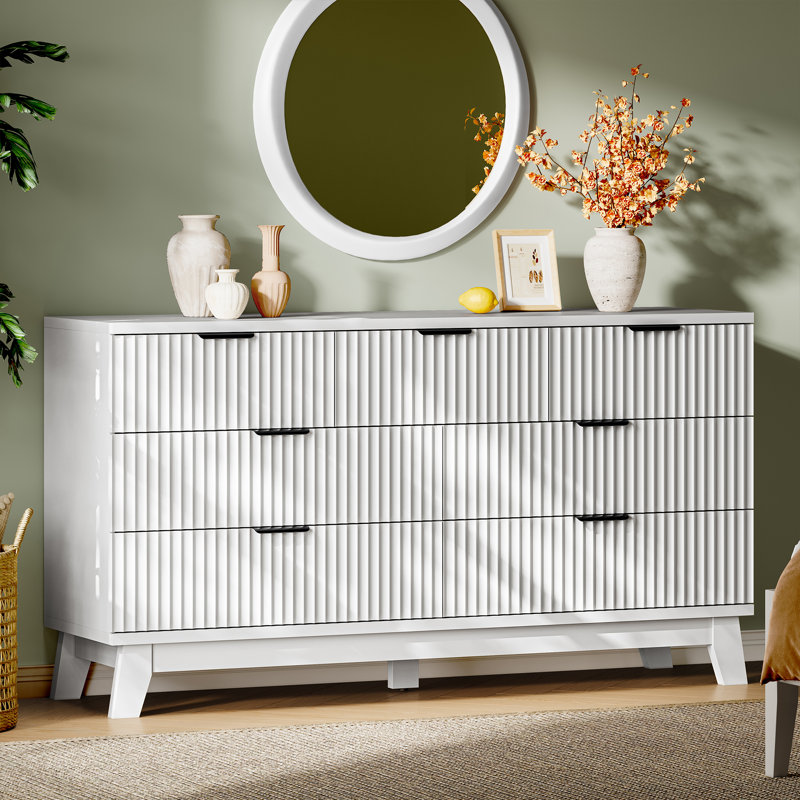 57" Wide 7-Drawer Fluted Dresser, Extra Wide Wave Design Storage Cabinet, Low Profile Chest of Drawers for Bedroom, TV Stand for Living Room, White