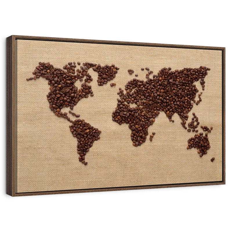Monde du café, 25 po x 17 po, Cadre flottant noyer