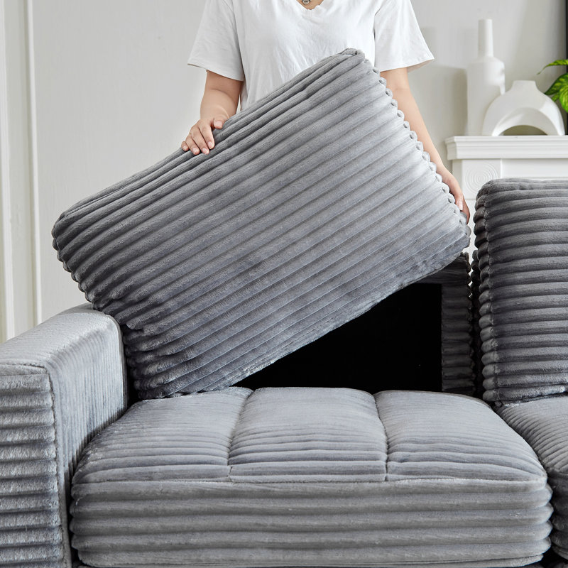 U-Shaped Modular Sofa with 2 Pillows, Gray Corduroy