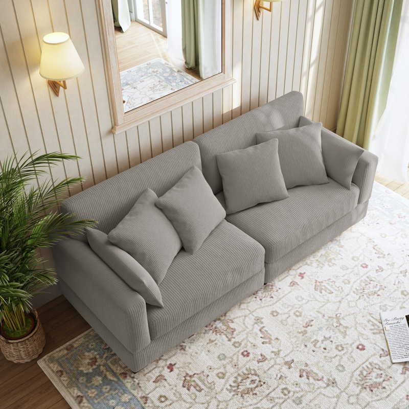 Maelina Upholstered Light Gray Corduroy Modular Sofa with Pillow Back and Solid Wood Legs, Light Gray