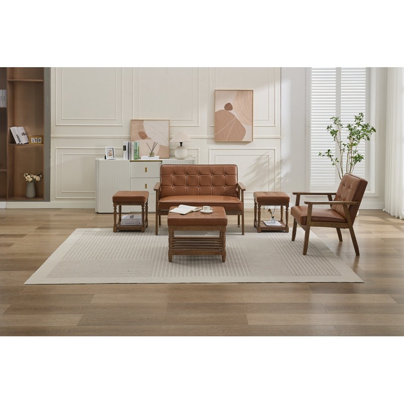Gladis 3-Piece Faux Leather Coffee Table and End Table Set with Storage, Brown Top/Dark Brown Base
