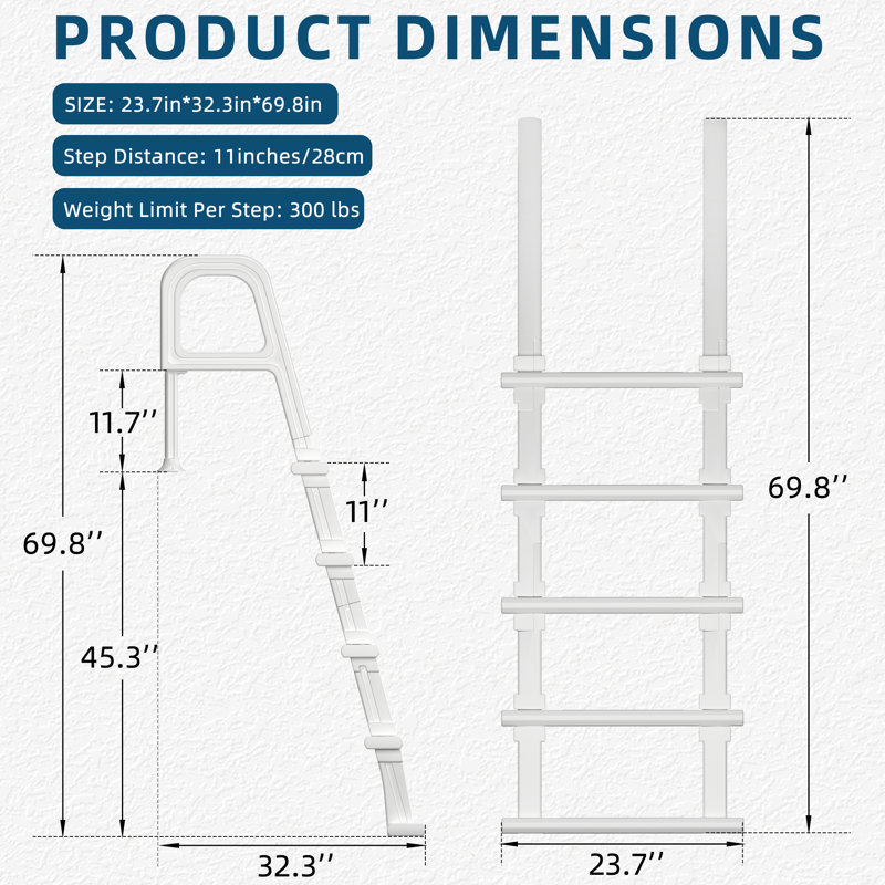 EROMMY 5-Step Pool Ladder With Double Handrails, 400 Lbs Capacity Anti-Slip Pool Steps For 47"-54" Above Ground And In-Ground Pools, All-PE Durable Construction With Snap-On Installation, White