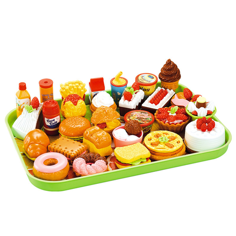 Pretend Play Kitchen Mini Foods Set for Kids Hamburger Fries Dessert with Tray Playset