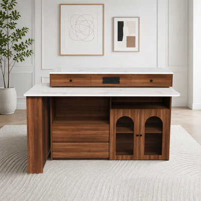 Kitchen Island with Extendable & Rotating Table, MDF with Walnut Veneer Retro Design, 4 Drawers & Glass Door Cabinets with Built-in Socket, Expandable Dining Station