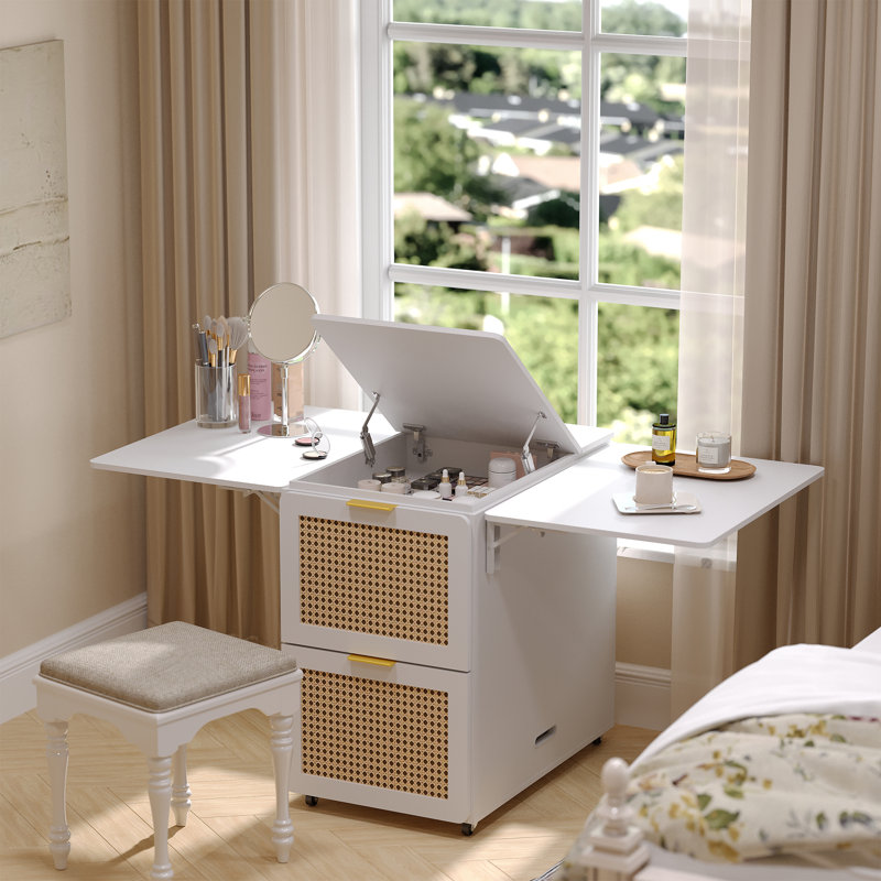3-In-1 Convertible Filing Cabinet – Flip-Top With Double Drop-Leaf, 4 Drawers & Built-In Outlet, Multi-Functional Storage Workspace For Home Office, White Rattan