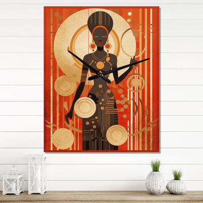 Graphique déesse africaine rétro dans les tons de terre II - très grande horloge murale femme afro-américaine