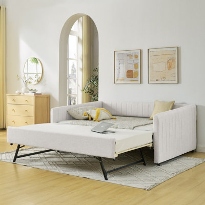 Full Size Daybed with Trundle, 82.5" Beige Linen Upholstered Sofa Bed with Vertical Stripes, Full Pull Out Couch with Twin Trundle for Master Bedroom