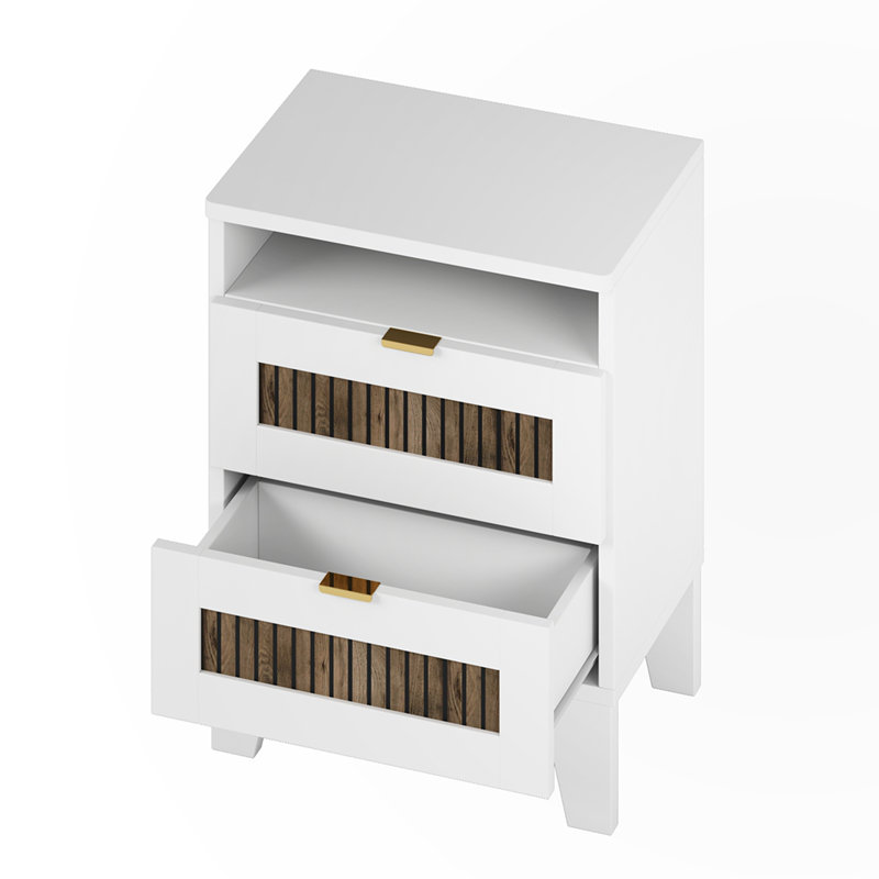 White and Brown Wooden 2-Drawer Farmhouse Nightstand