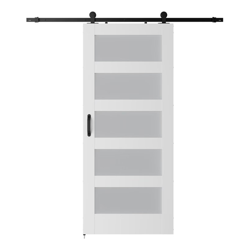 Porte de grange en verre 5 pièces avec quincaillerie coulissante, 36 po x 84 po, Blanc