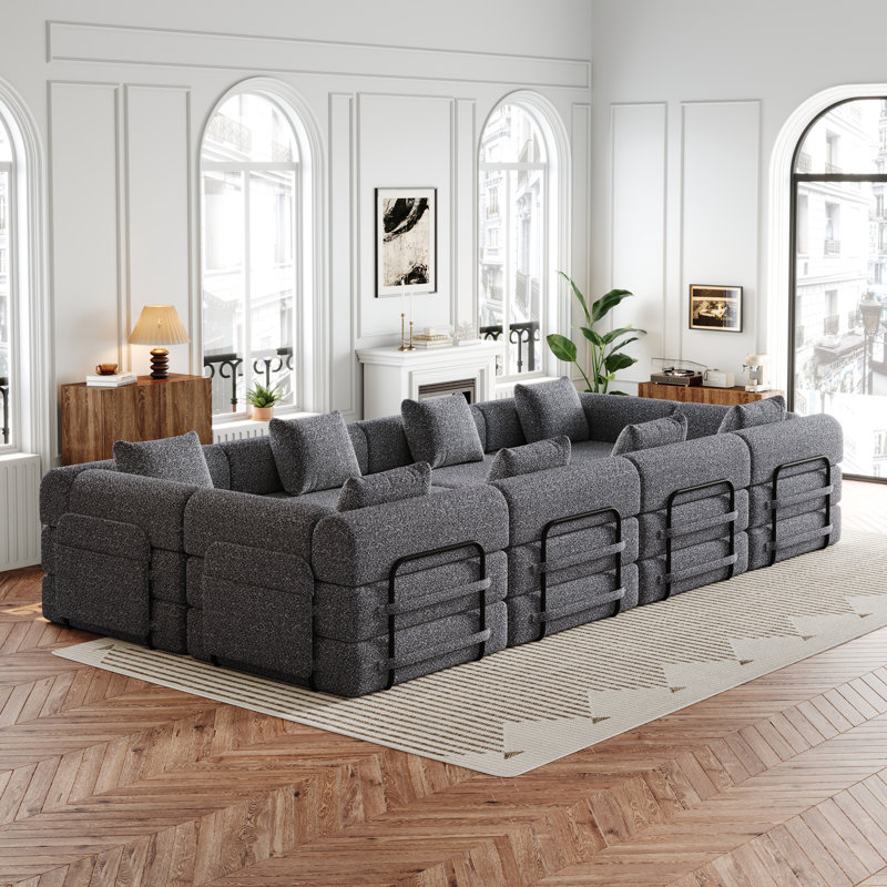 Canapé convertible 8 places, canapé rembourré avec poches de rangement latérales pour le salon, Gris