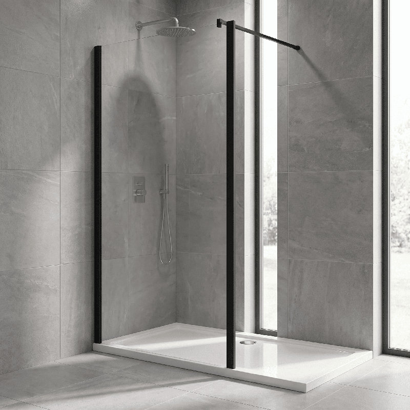 Walk In Semi-Frameless Wet Room Glass Screens, 900mm W, Matte Black