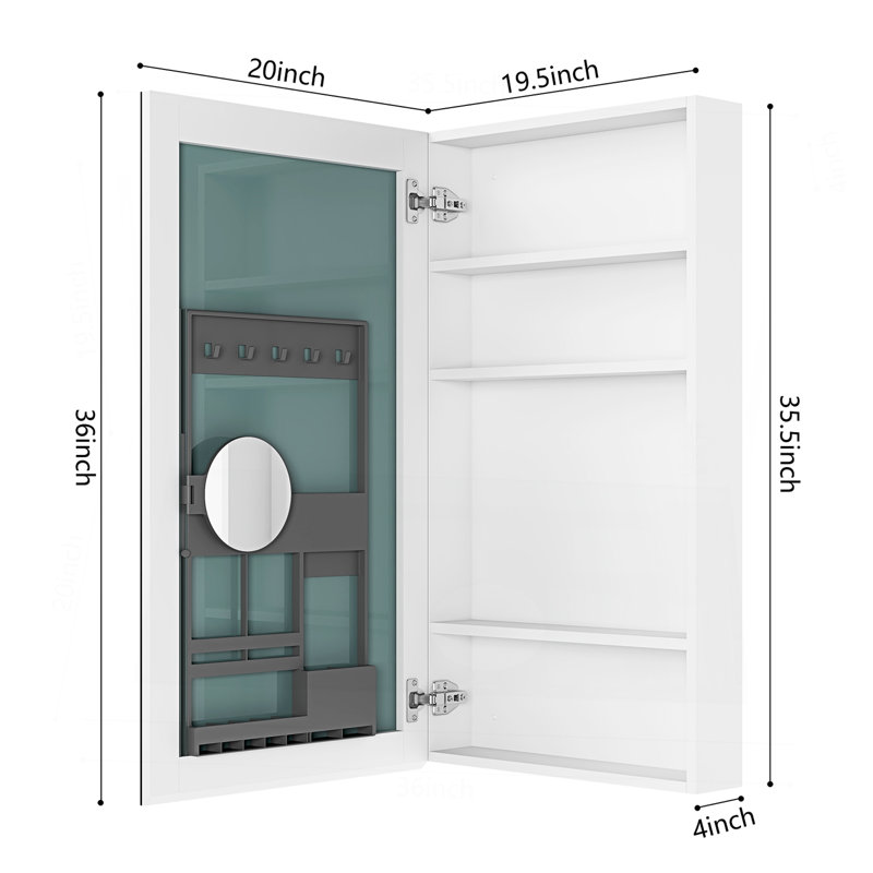 20'' W X 36'' H Surface Frameless Mirror Medicine Cabinet, Beveled Mirror Edges Bathroom Medicine Cabinet, Left Opening Door