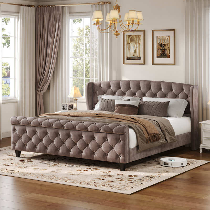 Elowen Glam Velvet Upholstered Sleigh Bed With Wingback Headboard & Scroll Footboard, Brown, Queen