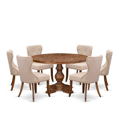 L'ensemble de table de cuisine 7 pièces comprend une table de salle à manger à piédestal et 6 chaises de salle à manger en tissu de lin brun clair capitonné - noyer antique