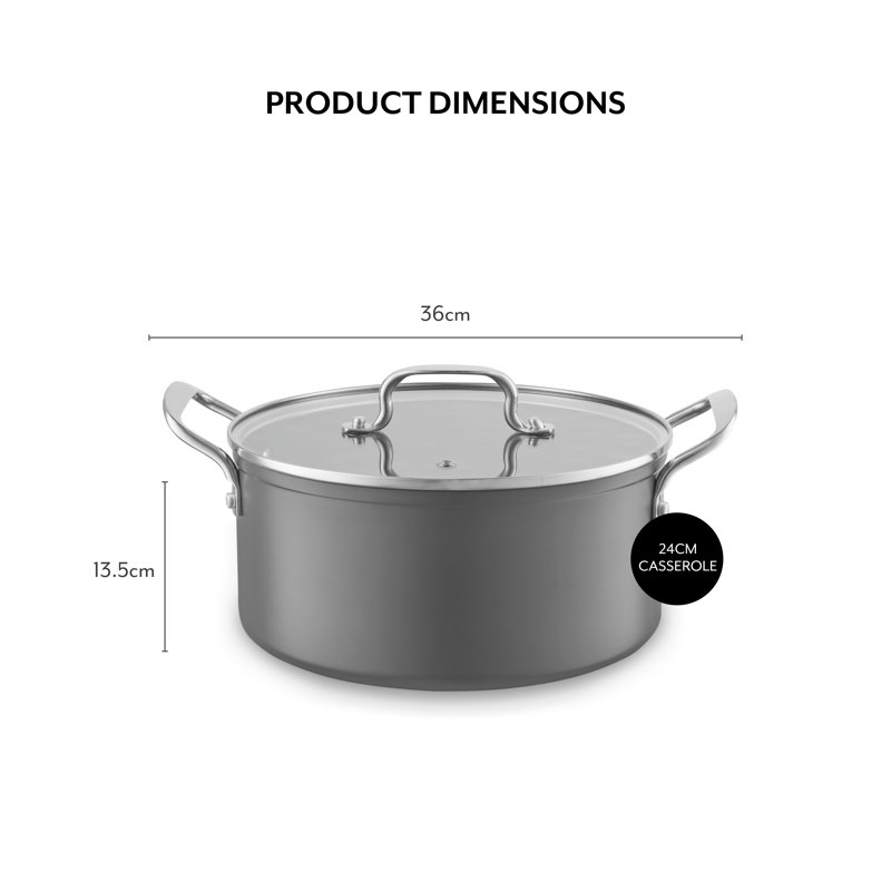 SLT800374 Hard Anodised 24cm Casserole, 10x Stronger Superior Non-stick Coating, Tempered Glass Lid, Induction Compatible, Grey