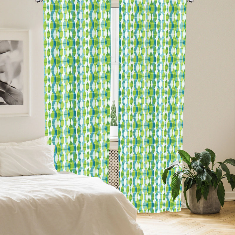 Grunge Curtains, Geometric Oval Shapes Elliptic Vertical Curves Nature Theme Pattern, Window Treatments 2 Panel Set For Living Room Bedroom Decor, Apple Green Turquoise Geometric Semi-Sheer Rod Pocket Curtain Panels