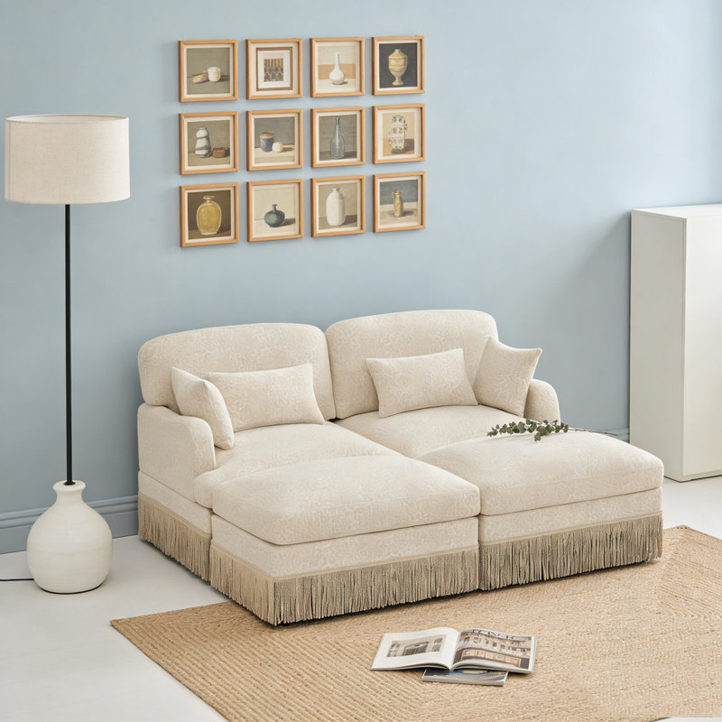 Comfy Chenille Leopard Printing Sofa,Delicate Tassel Edge,Movable Ottomans,Modern Fashion Style, Beige+2seat+2Ottomans