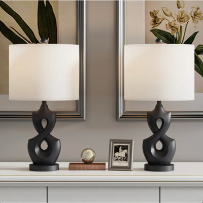 24" Modern Black Ceramic Table Lamps Set of 2, 3‑Way Dimmable Nightstand Lamp with Built‑in USB Port and White Fabric Shade for Bedroom Living Room Office Study
